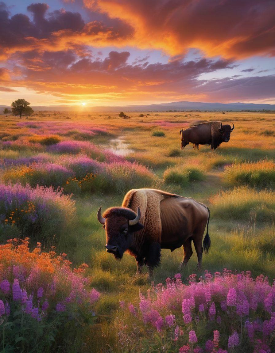 A breathtaking landscape showcasing a herd of buffalo grazing in a golden prairie at sunset, with dramatic clouds painting the sky. In the foreground, a rustic gallery with photographs of buffalo art displayed on wooden easels, surrounded by wildflowers and nature elements. The warm hues of the sunset highlight the rich textures of the buffalo's fur and the vibrant colors of the surrounding landscape. super-realistic. vibrant colors.