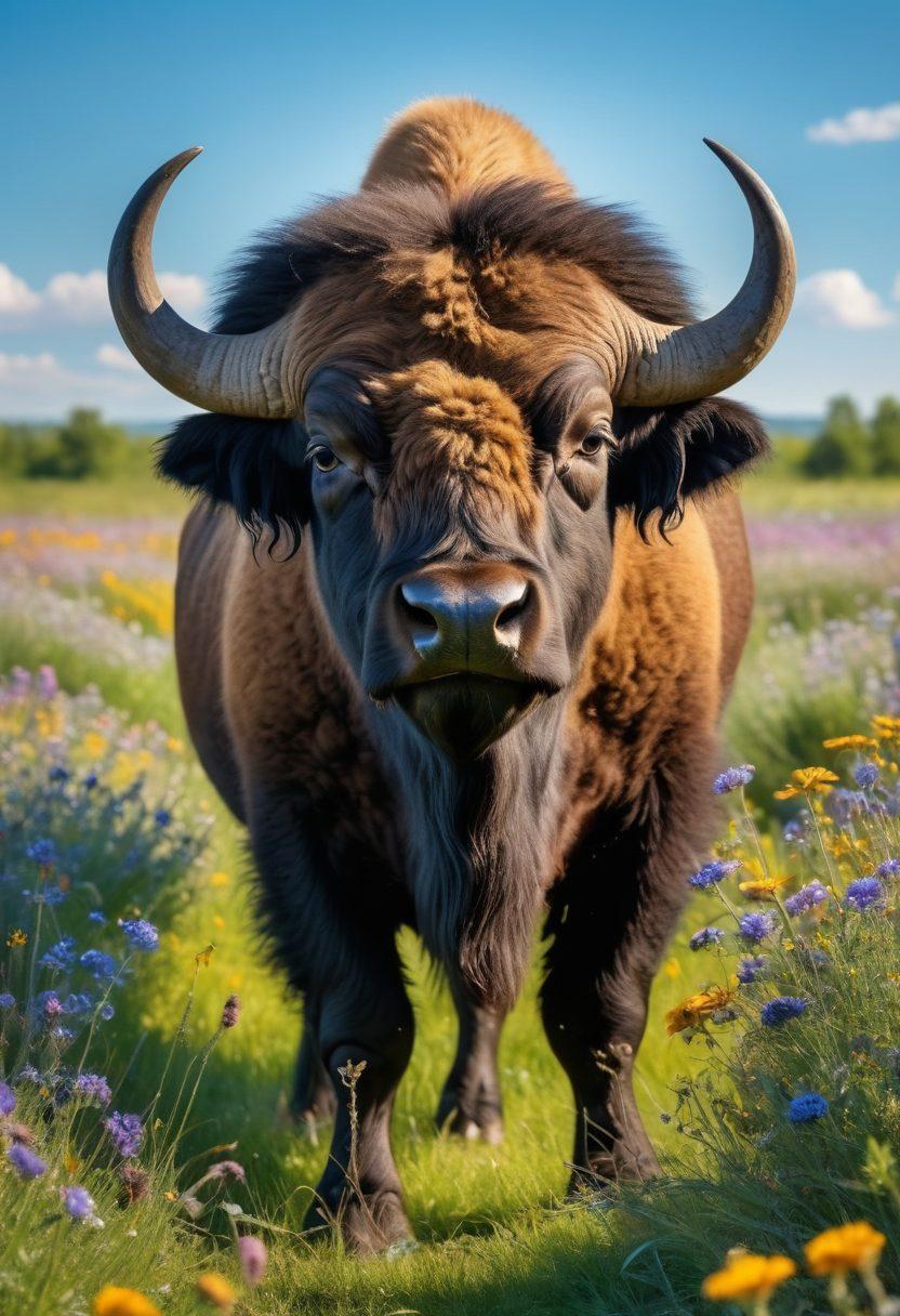 A majestic buffalo standing proudly in a sunlit meadow, showcasing its powerful physique with textured fur and a piercing gaze. Surround it with a backdrop of vibrant wildflowers and a clear blue sky, with hints of wildlife peeking through the grass. Include a photographer crouched in the foreground, capturing this breathtaking moment with a camera. The scene should evoke a sense of awe for nature and wildlife photography. super-realistic. vibrant colors. natural landscape.