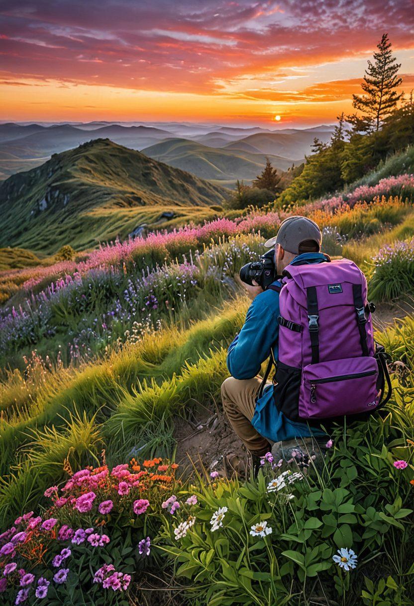 A breathtaking outdoor landscape featuring a vibrant sunset over rolling hills, a photographer capturing the scene with a DSLR camera, surrounded by colorful wildflowers and tall grass. Include details like a tripod, a backpack filled with photography gear, and a curious deer in the background. Evoke a sense of adventure and creativity with warm, inviting colors. super-realistic. vibrant colors. cinematic lighting.